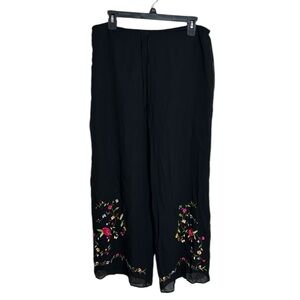 Soft Surroundings Wide Leg Silk Black floral colorful Embroidery Pants size M